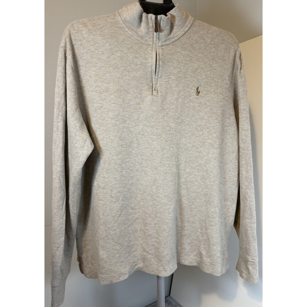 Polo Ralph Lauren Sweater Mens Large Beige 1/4 Zip Mock Neck Knit Pullover